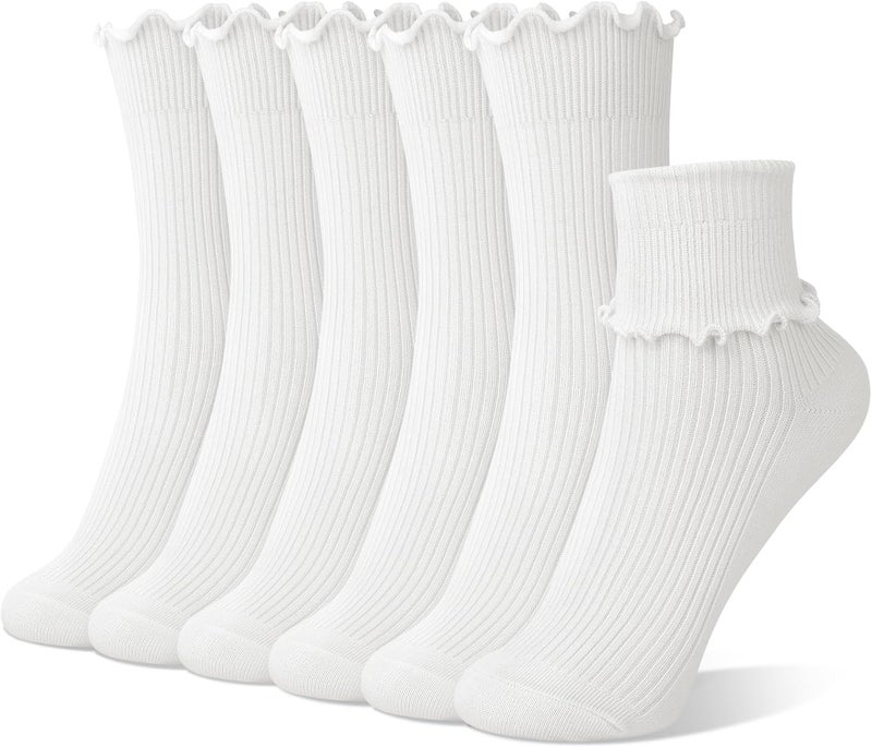 Socksfad Store 6 Pairs Cute Floral Ruffle Crew Socks Women, Breathable Cotton Novelty Casual Girls Above Ankle Funny Socks US 5-10 - Image 1